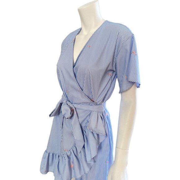 ROMEO & JULIET COUTURE Blue & White Striped Wrap Dress With Flamingos, Small - Picture 11 of 12